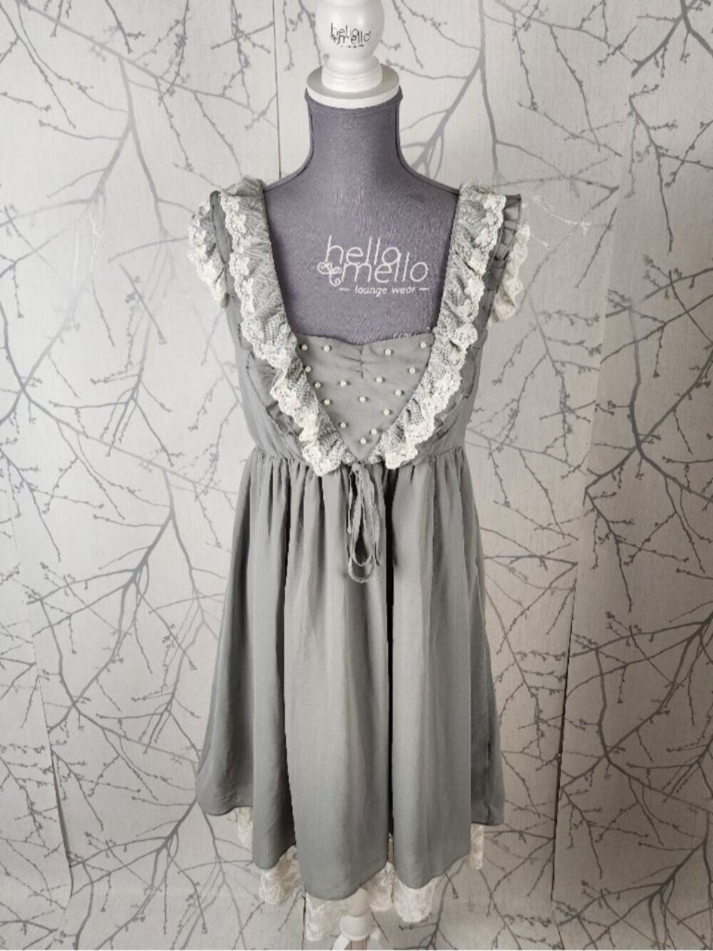 A'Reve Gray Lace Trim Ruffle Sweetheart Flowy Midi Dress